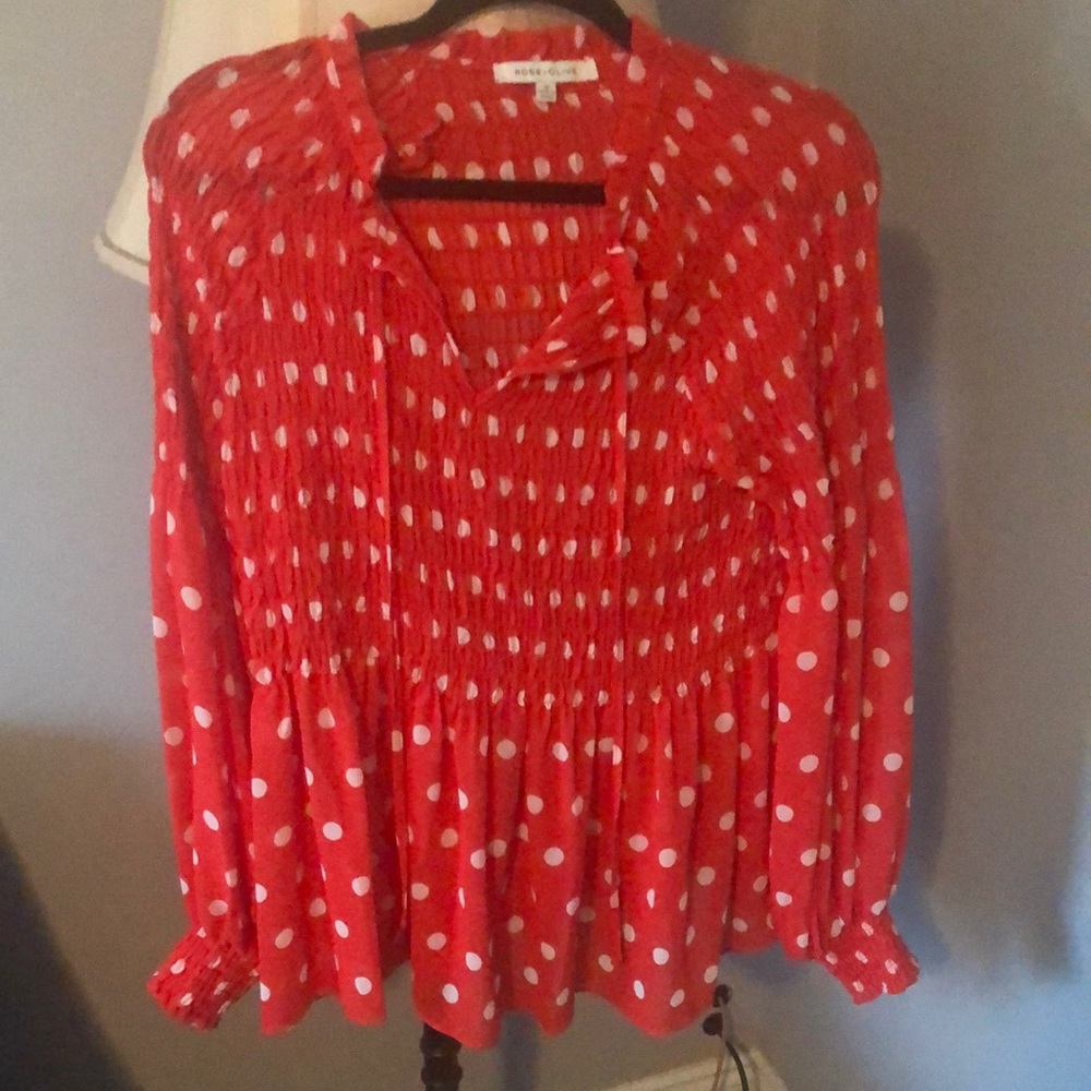 Rose + Olive red blouse with white polka dots